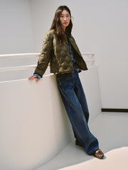 Women's Barn-Style Quilted Corduroy-Panel Shirt-Down Jacket
