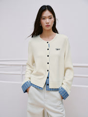 Women's Casual Miu-Style Faux-Layer Plaid-Panel Knit Top