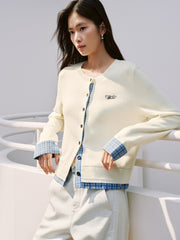 Women's Casual Miu-Style Faux-Layer Plaid-Panel Knit Top