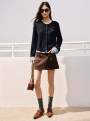 Women's Casual Miu-Style Faux-Layer Plaid-Panel Knit Top
