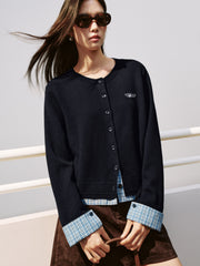 Women's Casual Miu-Style Faux-Layer Plaid-Panel Knit Top