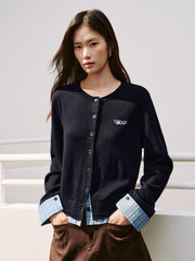 Women's Casual Miu-Style Faux-Layer Plaid-Panel Knit Top