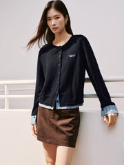 Women's Casual Miu-Style Faux-Layer Plaid-Panel Knit Top