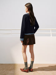 Women's Casual Miu-Style Faux-Layer Plaid-Panel Knit Top