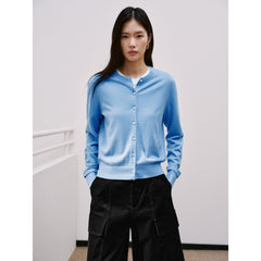 Women's Commuter Wool-Blend Cropped Blue Knit Cardigan