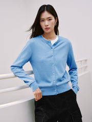 Women's Commuter Wool-Blend Cropped Blue Knit Cardigan