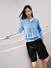 Women's Commuter Wool-Blend Cropped Blue Knit Cardigan