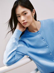 Women's Commuter Wool-Blend Cropped Blue Knit Cardigan