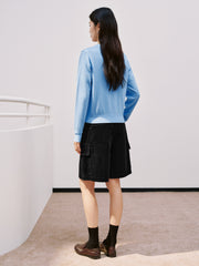 Women's Commuter Wool-Blend Cropped Blue Knit Cardigan