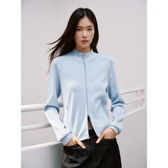 Women's Casual Blue Mock-Neck Double-Zip Knit Cardigan