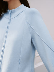 Women's Casual Blue Mock-Neck Double-Zip Knit Cardigan