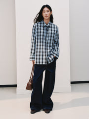 Women's Commuter Tencel Plaid Detachable-Tie Shirt