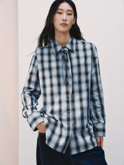 Women's Commuter Tencel Plaid Detachable-Tie Shirt