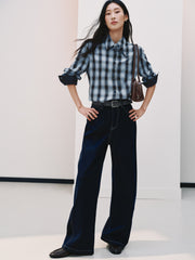 Women's Commuter Tencel Plaid Detachable-Tie Shirt