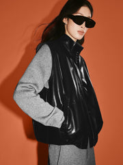 Women's Casual Broad-Shoulder Reversible PU Leather Vestt