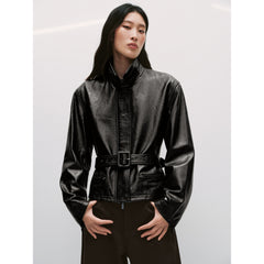 Women's Commuter Waist-Cinching Genuine Leather Jacket