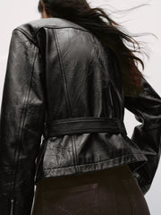 Women's Commuter Waist-Cinching Genuine Leather Jacket