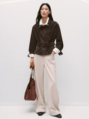 Women's Casual Suede-Finish Waist-Cinching Leather Jacket