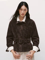 Women's Casual Suede-Finish Waist-Cinching Leather Jacket