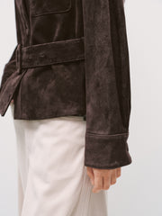 Women's Casual Suede-Finish Waist-Cinching Leather Jacket