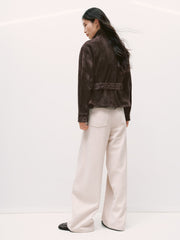 Women's Casual Suede-Finish Waist-Cinching Leather Jacket