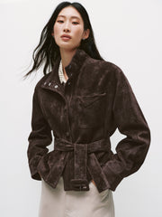 Women's Casual Suede-Finish Waist-Cinching Leather Jacket