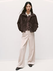 Women's Casual Suede-Finish Waist-Cinching Leather Jacket