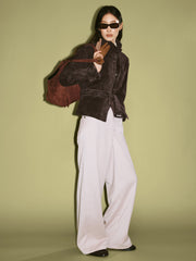 Women's Casual Suede-Finish Waist-Cinching Leather Jacket