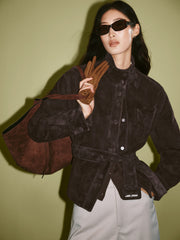 Women's Casual Suede-Finish Waist-Cinching Leather Jacket