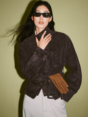 Women's Casual Suede-Finish Waist-Cinching Leather Jacket