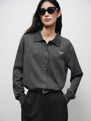 Women's Casual Wool-Blend Lapel Grey Knit Cardigan