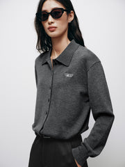 Women's Casual Wool-Blend Lapel Grey Knit Cardigan