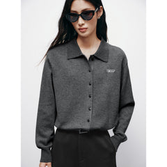 Women's Casual Wool-Blend Lapel Grey Knit Cardigan