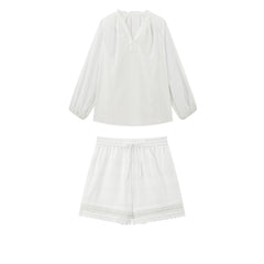 Women's Casual Embroidered Shirt and Shorts Set