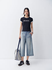Women's Slim Fit T-Shirt with Flocked Letter Print