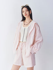 Women's Pink Hooded Long-Sleeve Shirt and Shorts Set