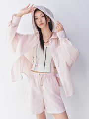 Women's pink hooded long-sleeve shirt