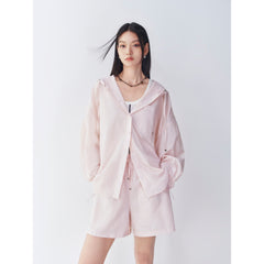 Women's Pink Hooded Long-Sleeve Shirt and Shorts Set
