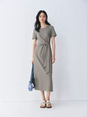 Women's Solid Knit Dress with Tie-Waist Detail