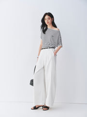 Women's striped off-shoulder waist-cinching short-sleeve top