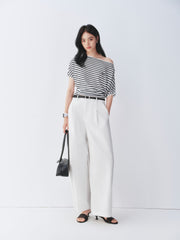 Women's striped off-shoulder waist-cinching short-sleeve top