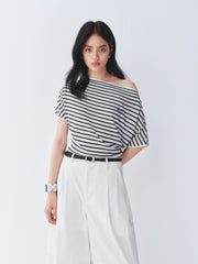 Women's striped off-shoulder waist-cinching short-sleeve top