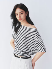 Women's striped off-shoulder waist-cinching short-sleeve top