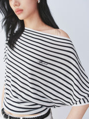 Women's striped off-shoulder waist-cinching short-sleeve top