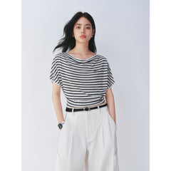 Women's striped off-shoulder waist-cinching short-sleeve top