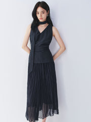 Women's French-style V-neck faux two-piece dress