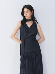 Women's French-style V-neck faux two-piece dress