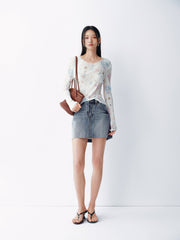 Women's French-style printed long-sleeve fitted top
