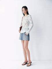 Women's French-style printed long-sleeve fitted top