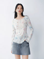 Women's French-style printed long-sleeve fitted top